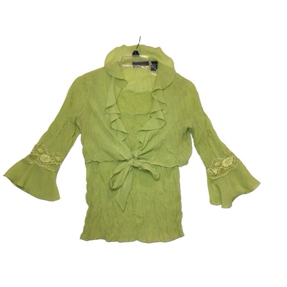 Womens Blouse Green Crinkle Lace 3/4 Sleeves Ruffles Tie Front Brat Vacay Beachy - Picture 6 of 9